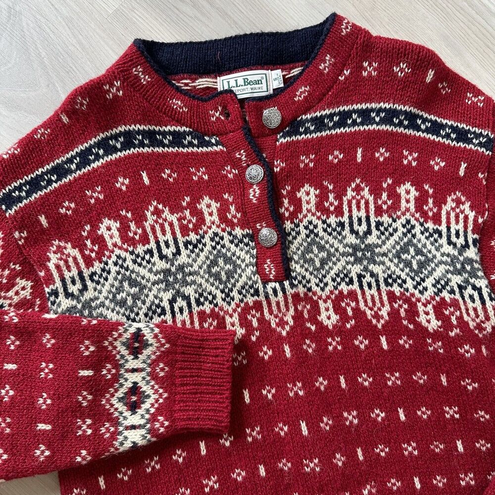 Vintage L.L Bean Womens Sweater Red Nordic Fair Isle Wool Henley Size S